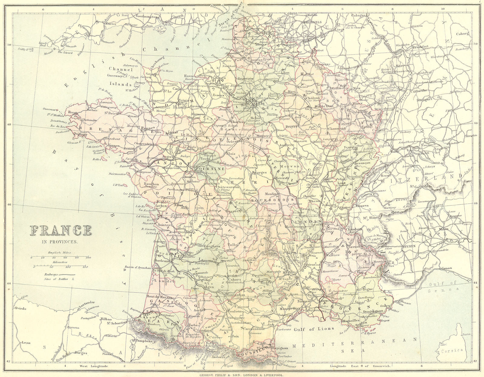 FRANCE. Provinces. Philip 1888 old antique vintage map plan chart